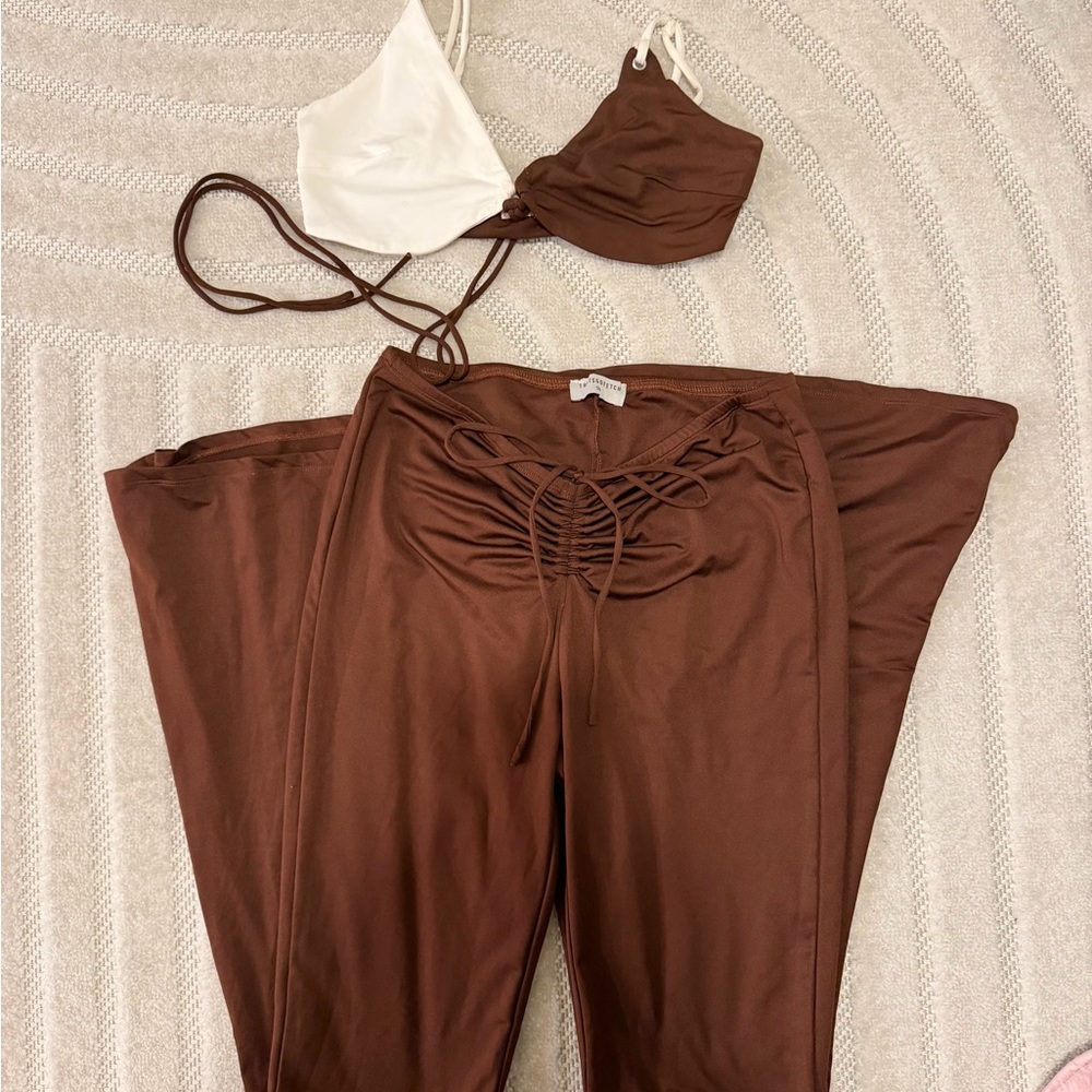 Brown and White Women's Two-Piece Set